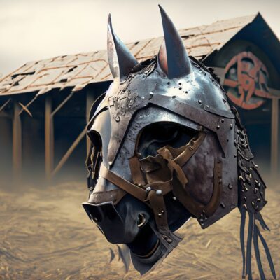 Firefly a horse head armor in front of an abandoned barn 68037