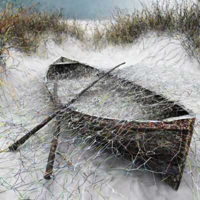Firefly show an old row boat with oars, stuck in white sand completely covered in a web of threads s(1)